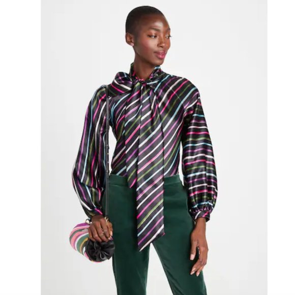 kate spade Party Stripe Tie-neck Shirt blouse top size medium nwot - Picture 1 of 8